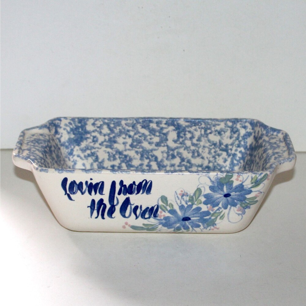 East Texas Pottery Spring Heart Loaf Pan stoneware spongeware blue ceramic baker